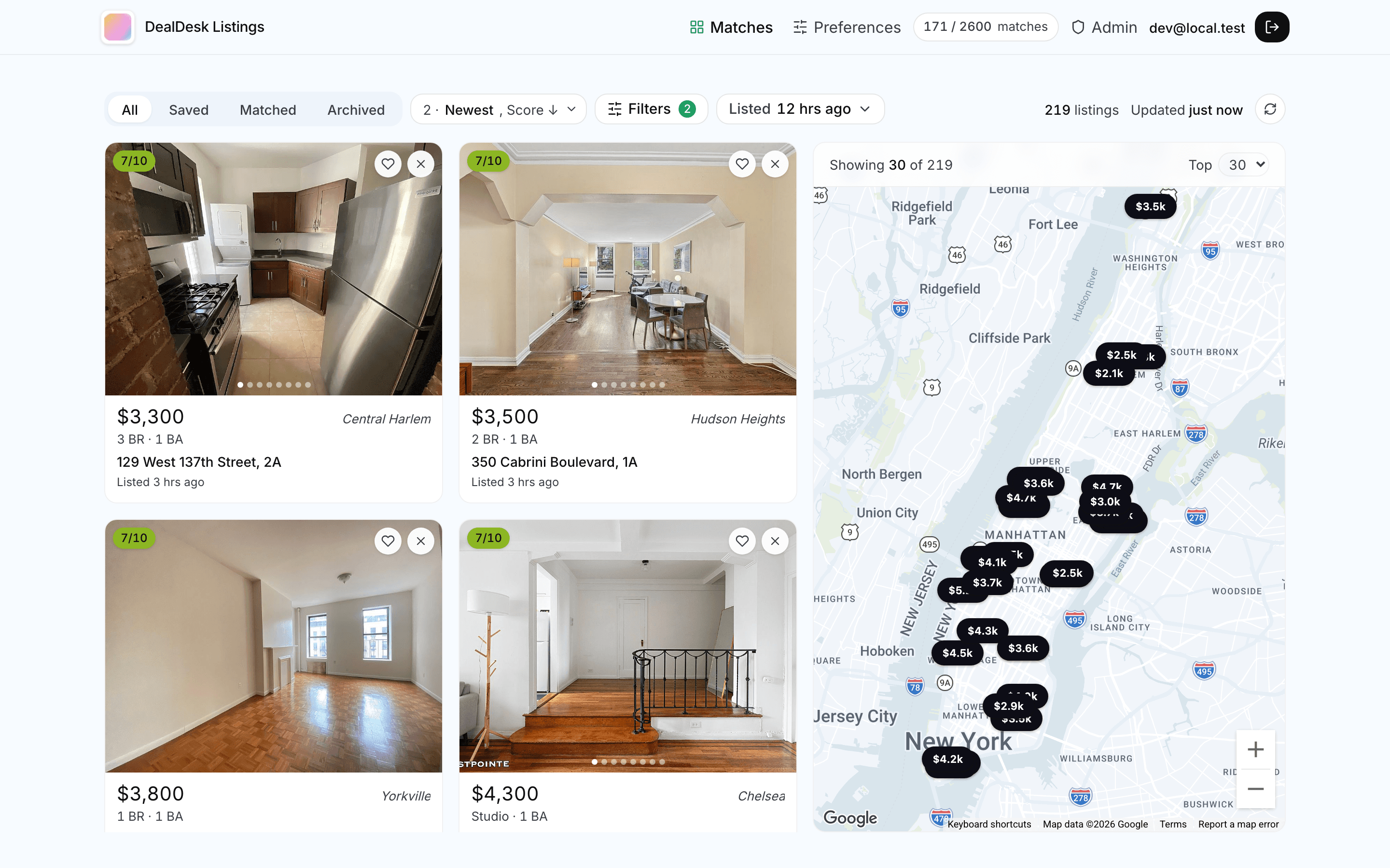 NYC Rentals AI dashboard showing a map and scored NYC rental matches